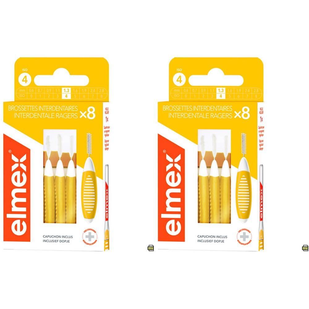 Deux paquets de brossettes interdentaires Elmex, taille 4 (1,3 mm), 8 pièces par paquet.