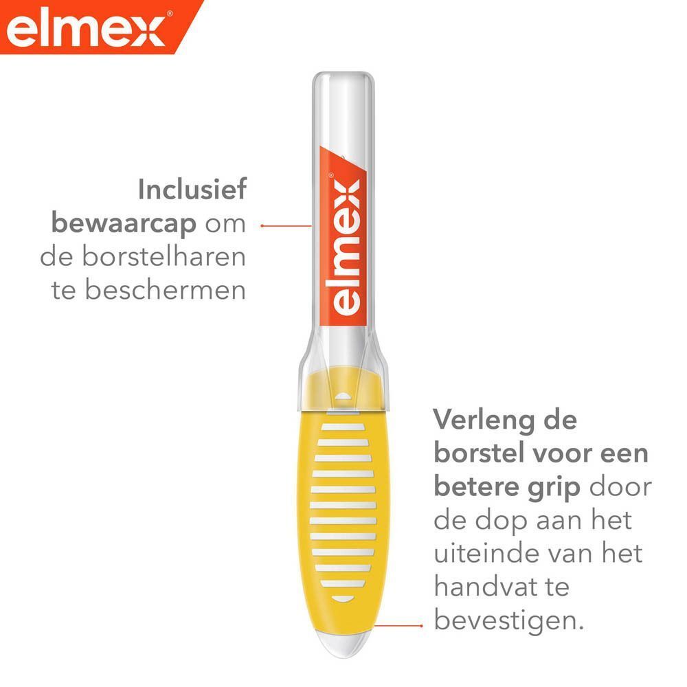 Elmex interdentale borstel met beschermkap voor hygiënische opslag en handvatverlenging.