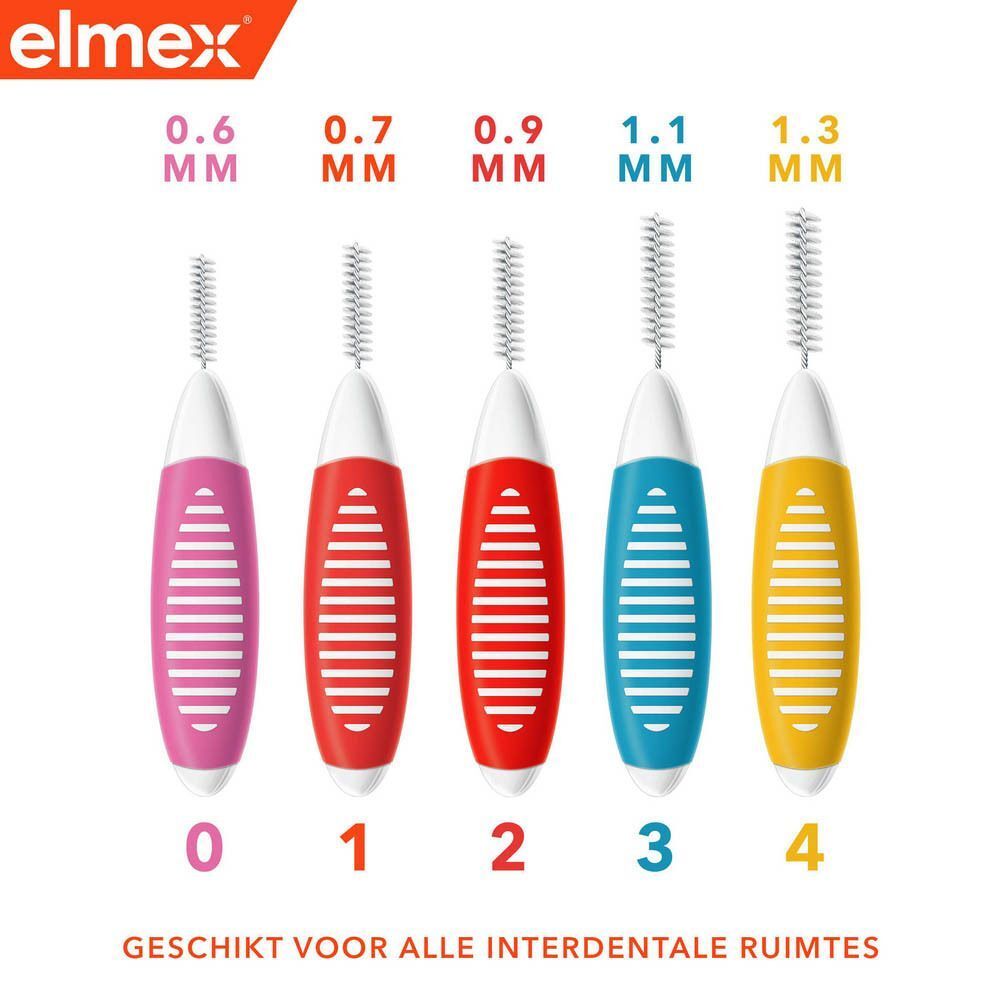 Elmex interdentale borsteltjes: Maten 0 (0,6 mm) tot 4 (1,3 mm) voor verschillende interdentale ruimtes.