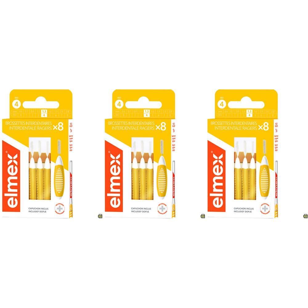 Drie pakken Elmex interdentale borsteltjes, maat 4 (1,3 mm), 8 stuks per pak.