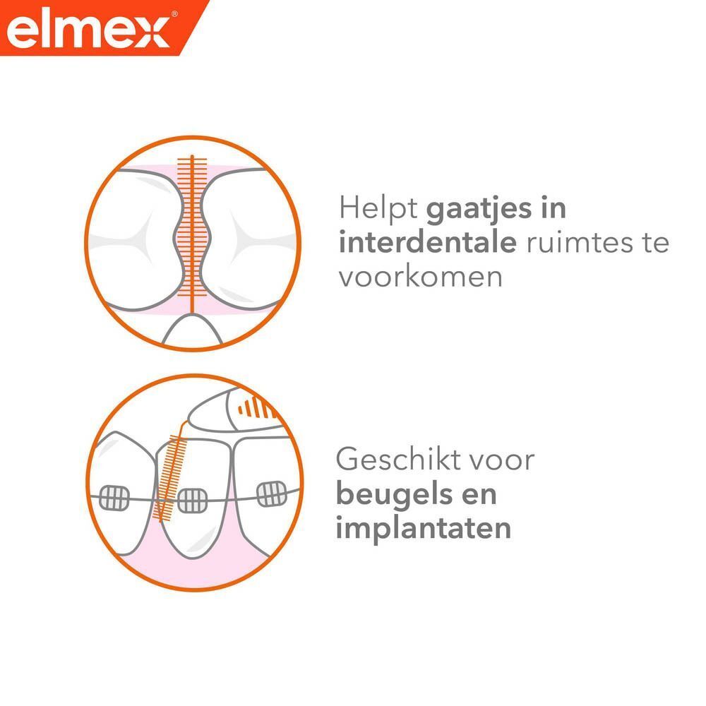 Elmex borsteltjes: helpt gaatjes in interdentale ruimtes voorkomen en voor beugels.
