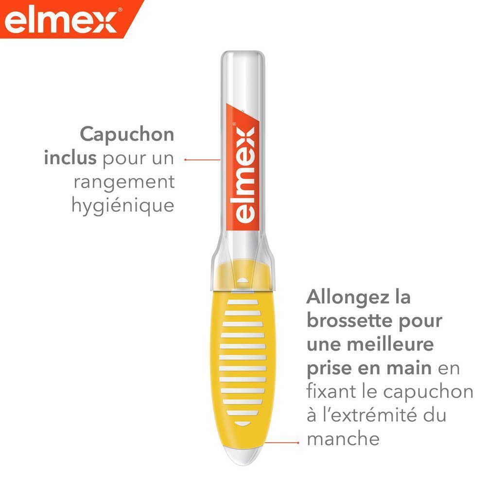 Brossette interdentaire Elmex avec capuchon pour rangement hygiénique et manche ergonomique.