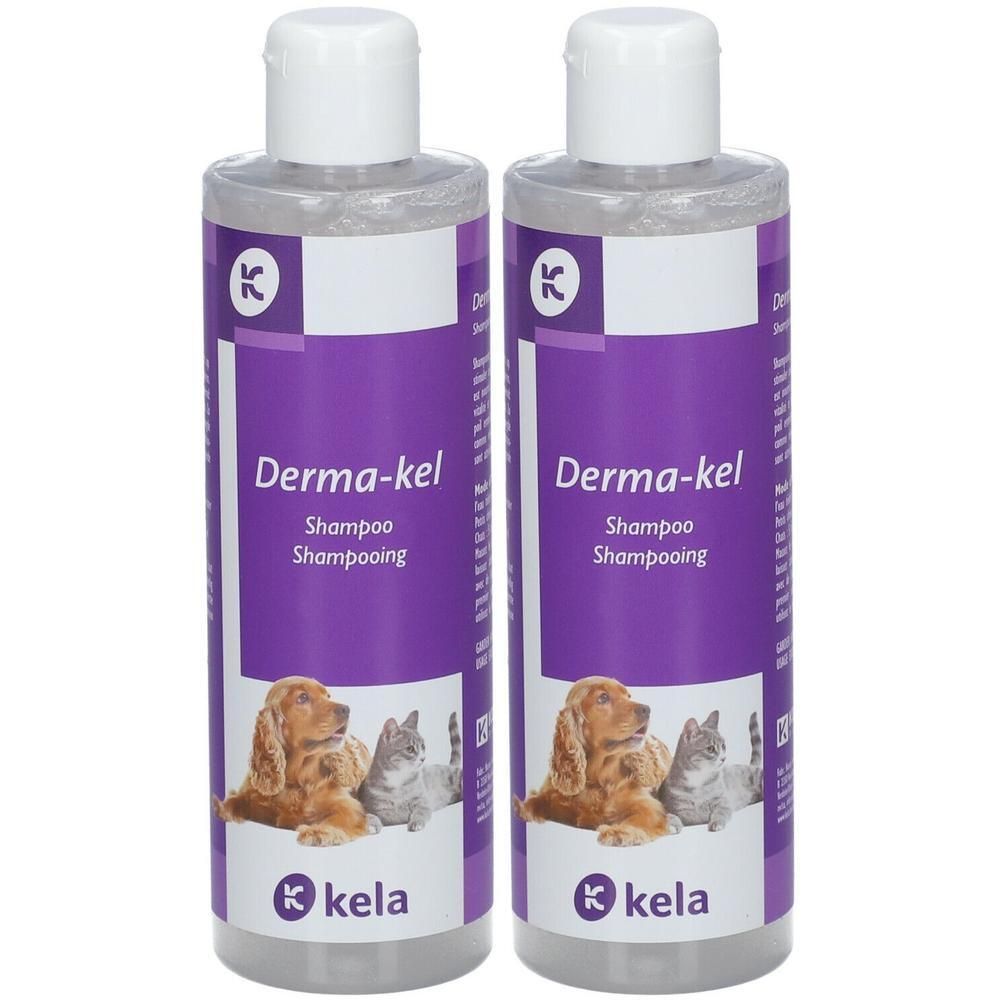 Twee flessen Derma-kel shampoo met afbeeldingen van hond en kat.