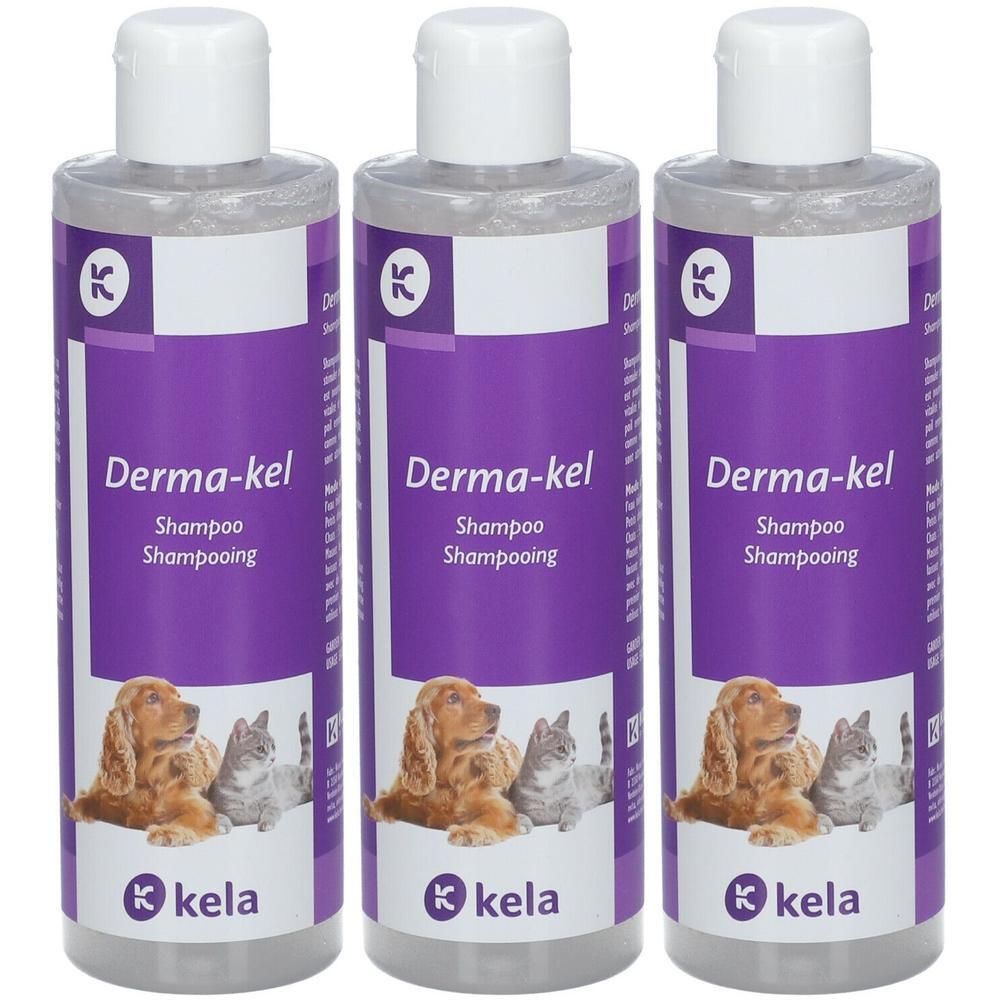 Drie flessen Derma-kel shampoo met afbeeldingen van hond en kat.