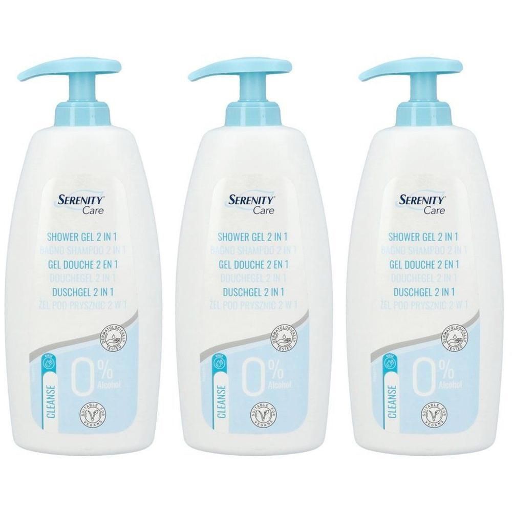 Drie witte pompflesjes Serenity Care Douchegel 2 in 1. Blauwe accenten op pompen en etiketten.