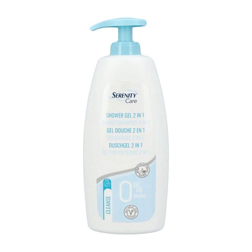 Witte fles met pompdosering, Serenity Care Douchegel 2 in 1, 0% alcohol.