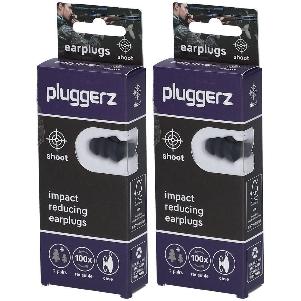 Deux paquets de bouchons d'oreilles Pluggerz Shoot, noirs, réutilisables, 2 paires par paquet.
