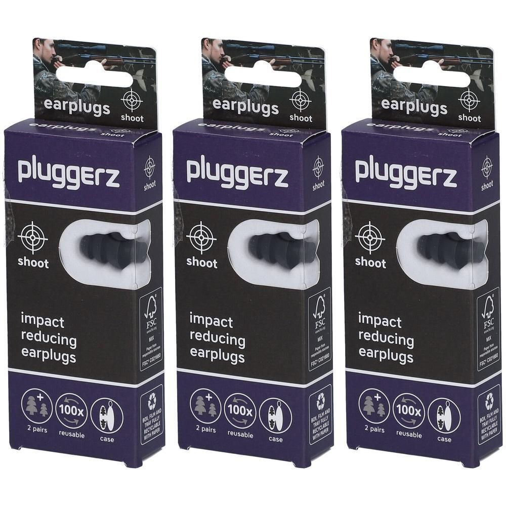 Trois paquets de bouchons d'oreilles Pluggerz Shoot, noirs, avec étui de rangement.