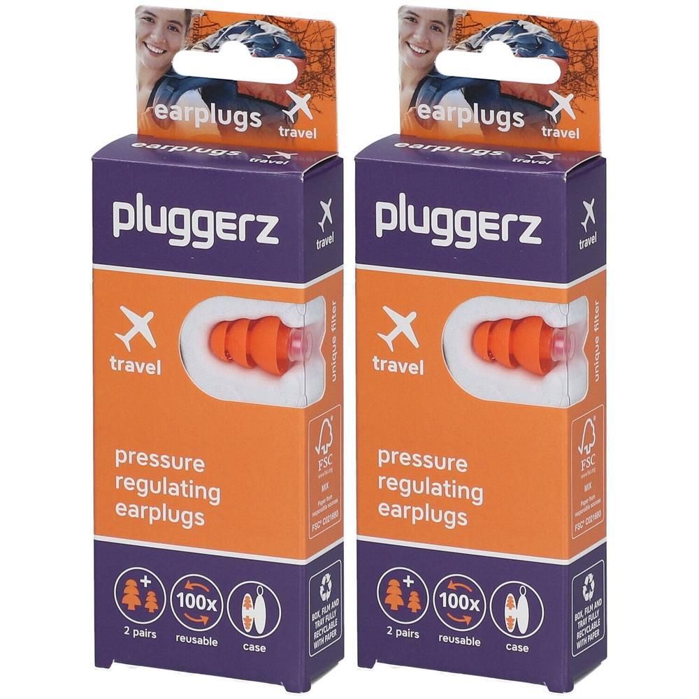 Deux paquets de bouchons d'oreilles voyage Pluggerz. Orange, réutilisables, 2 paires dans un étui.