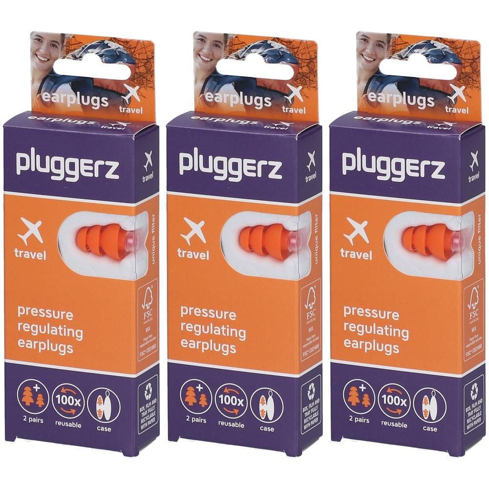 Drie verpakkingen Pluggerz drukregulerende oordopjes voor reizen. Oranje, herbruikbaar, met etui.