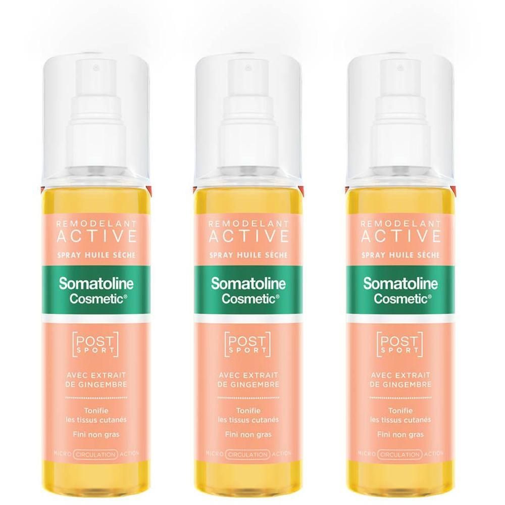 Trois flacons de Somatoline Cosmetic Active Spray Huile Seche.