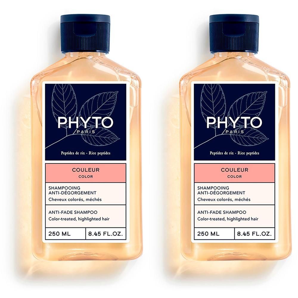 Deux flacons de shampoing Phyto Couleur Anti-Dégorgement, 250 ml.