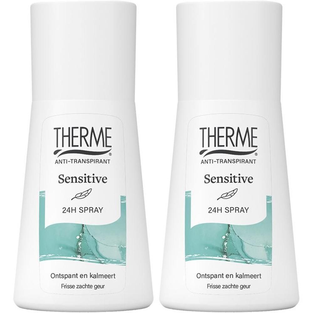 Twee flacons THERME Anti-Transpirant Sensitive 24H Spray. Witte flacons met turquoise label.