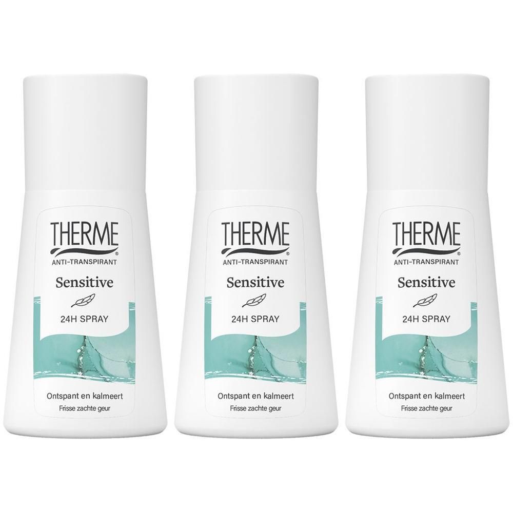 Trois sprays anti-transpirants THERME Sensitive 24H.