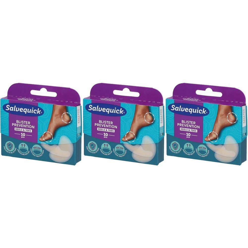 Drie pakken Salvequick blarenpleisters voor hielen en tenen, elk pak bevat 10 pleisters.