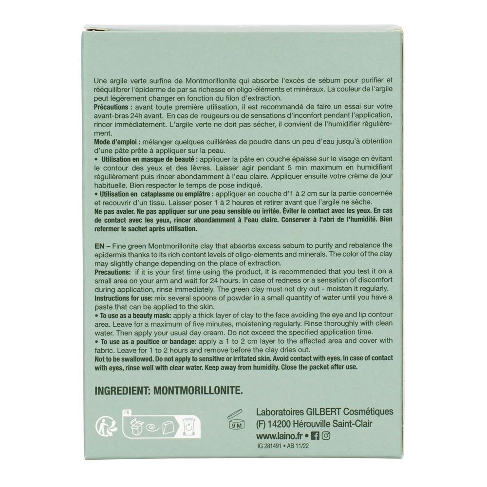 Arrière d'une boîte Laino Argile Surfine Verte avec instructions d'utilisation et ingrédients.