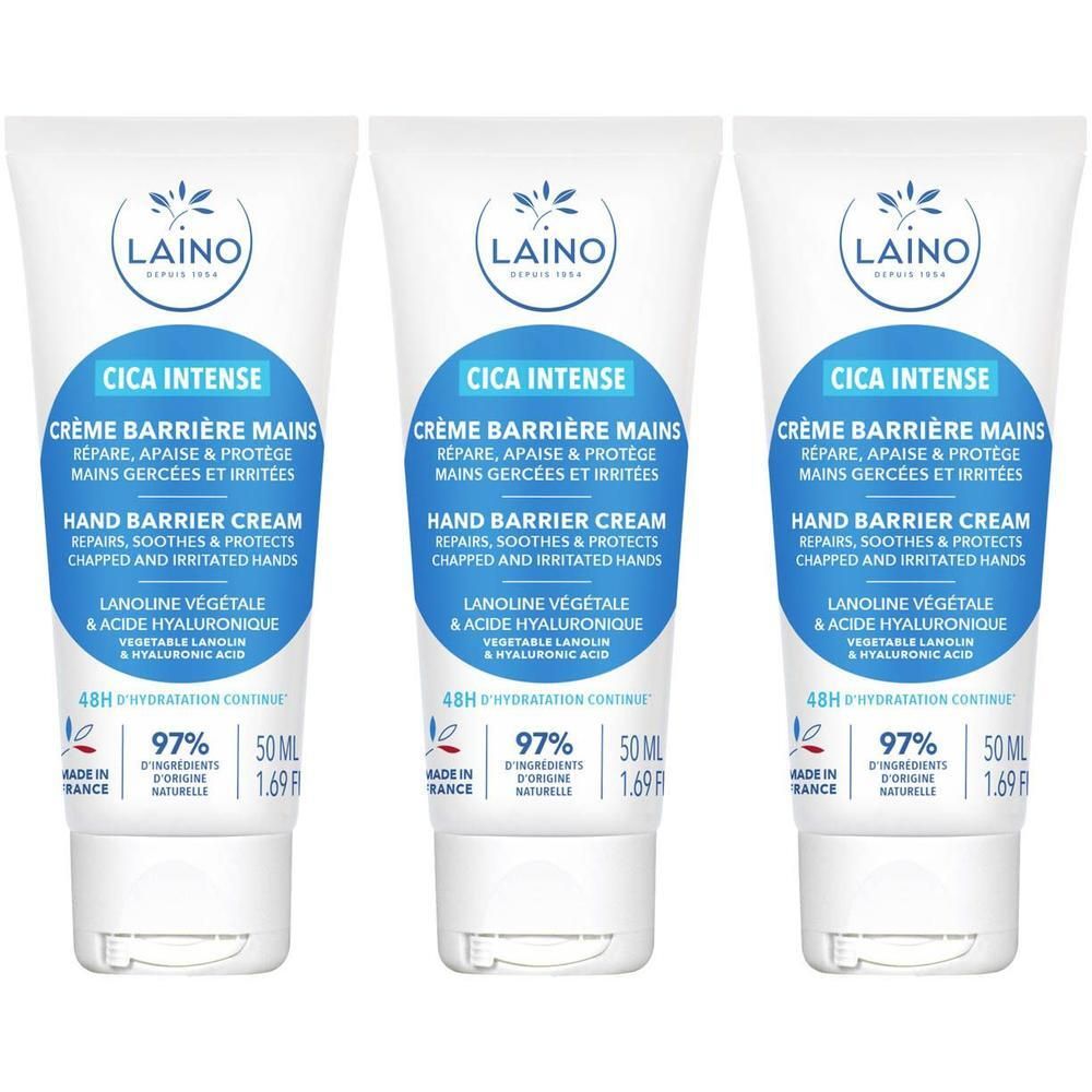 Drie tubes Laino Hand Barrièrecrème Cica Intense, 50ml.