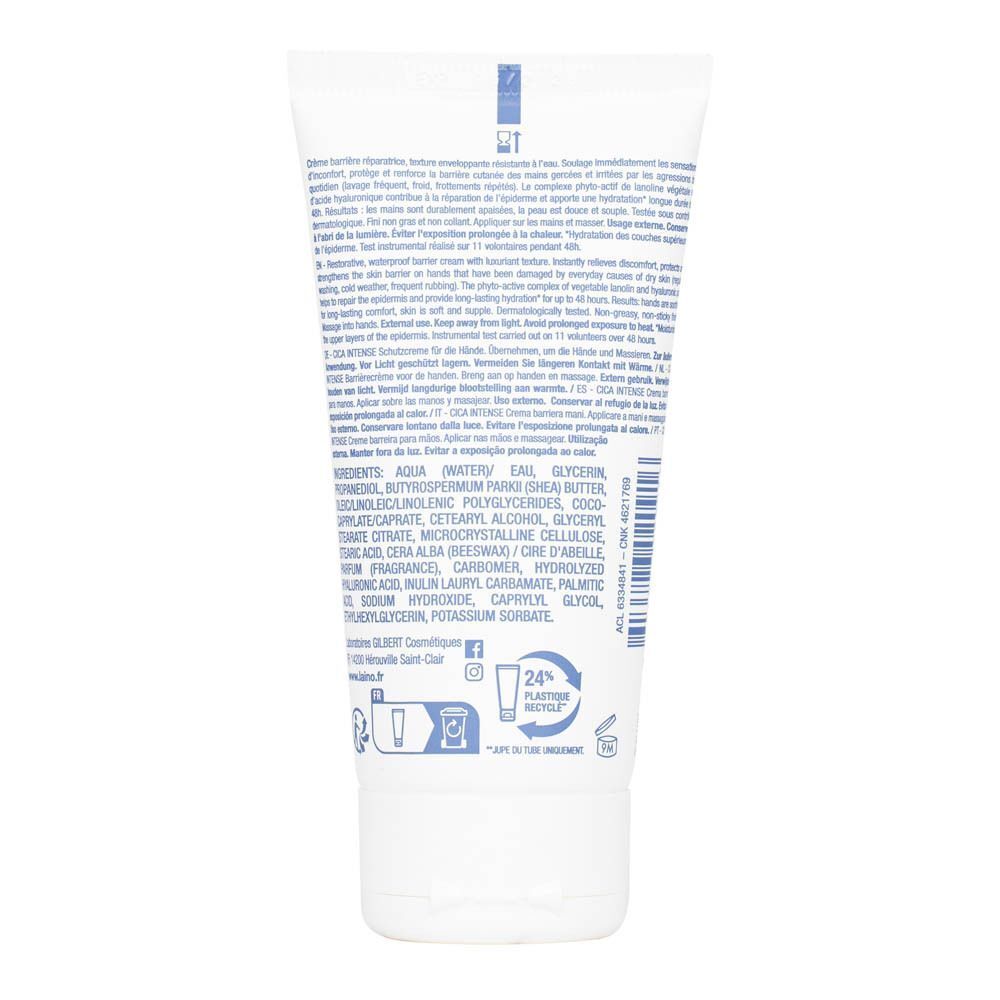 Arrière d'un tube de Laino Crème Barrière Mains Cica Intense avec ingrédients et instructions.