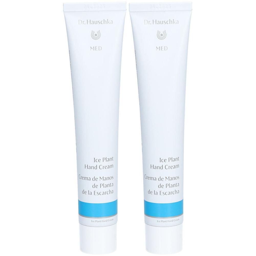 Deux tubes blancs de Crème pour les Mains Dr. Hauschka MED à la Ficoïde à Cristaux.