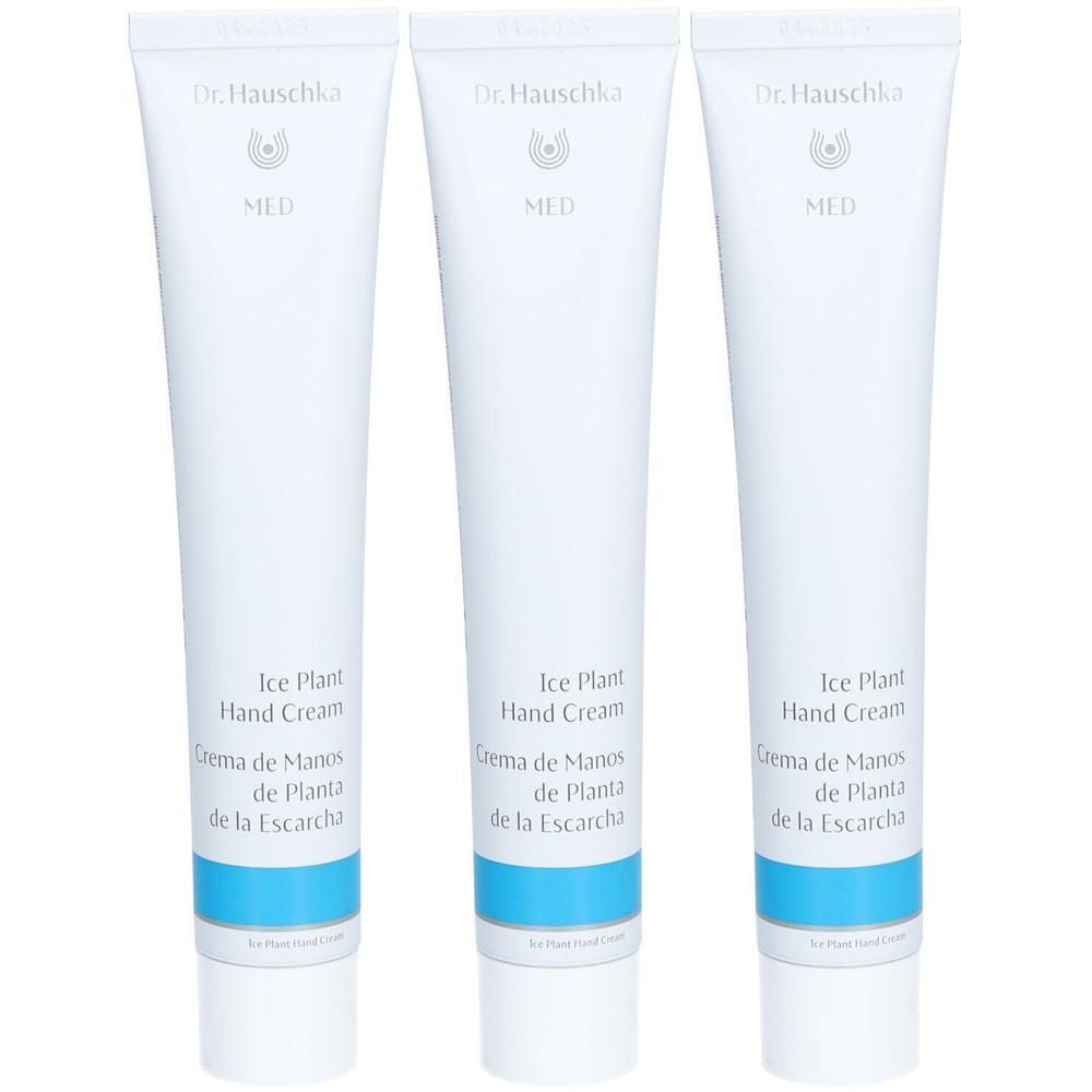 Drie witte tubes Dr. Hauschka MED Handcrème met IJsbloem.