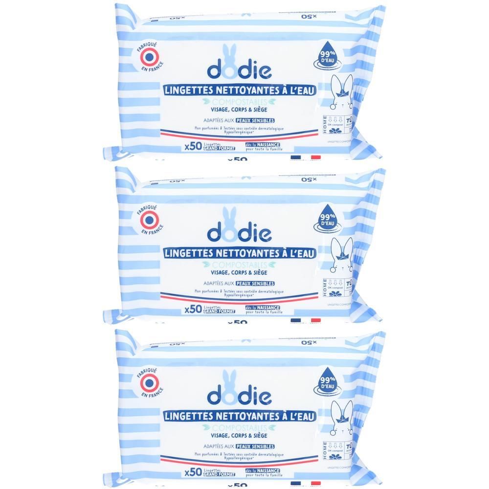 Drie pakken dodie® babydoekjes met 50 stuks, 99% water, voor gezicht, lichaam en billen.