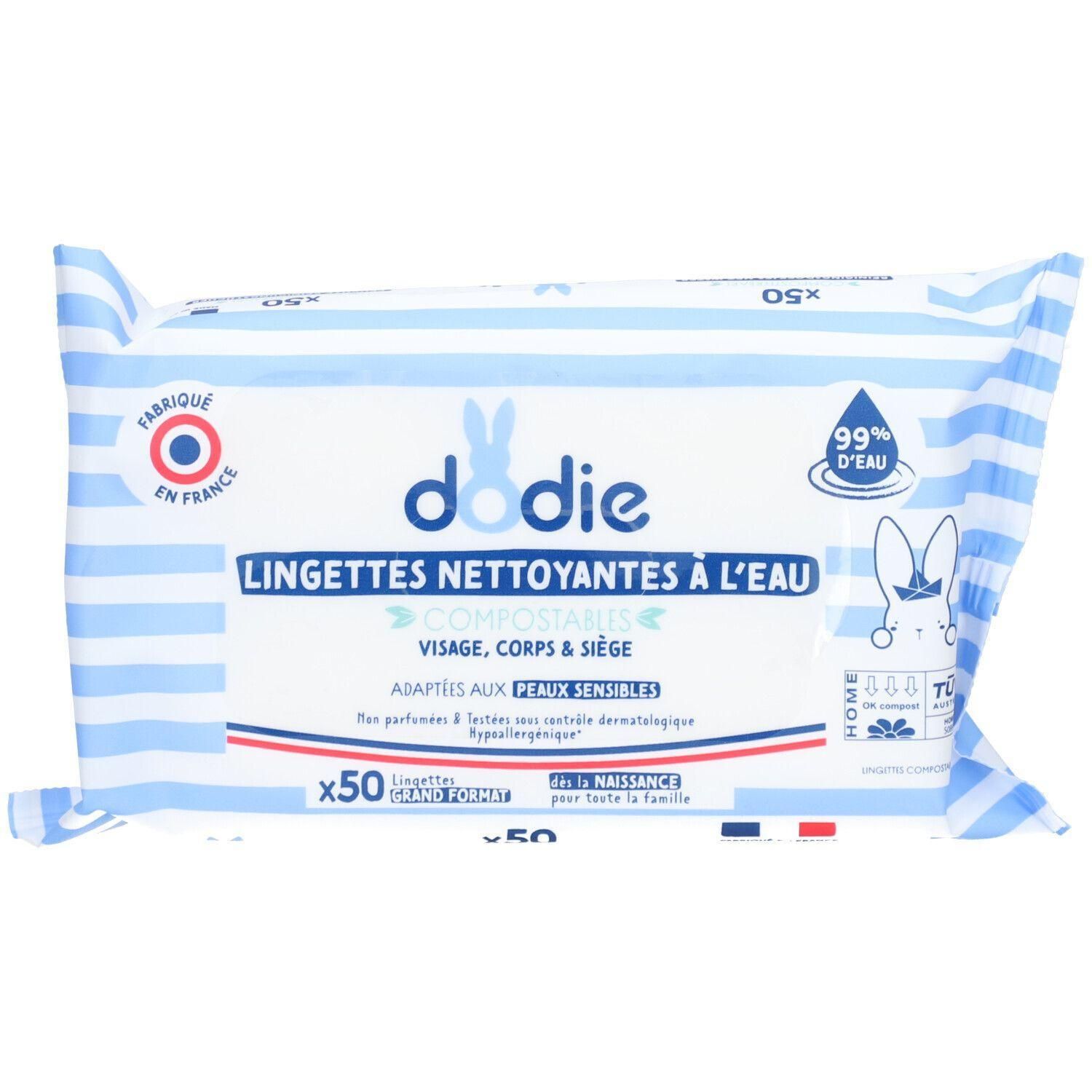 Dodie Lingettes nettoyantes à l'eau, 50 pièces. Pour visage, corps et siège. Adaptées aux peaux sensibles.