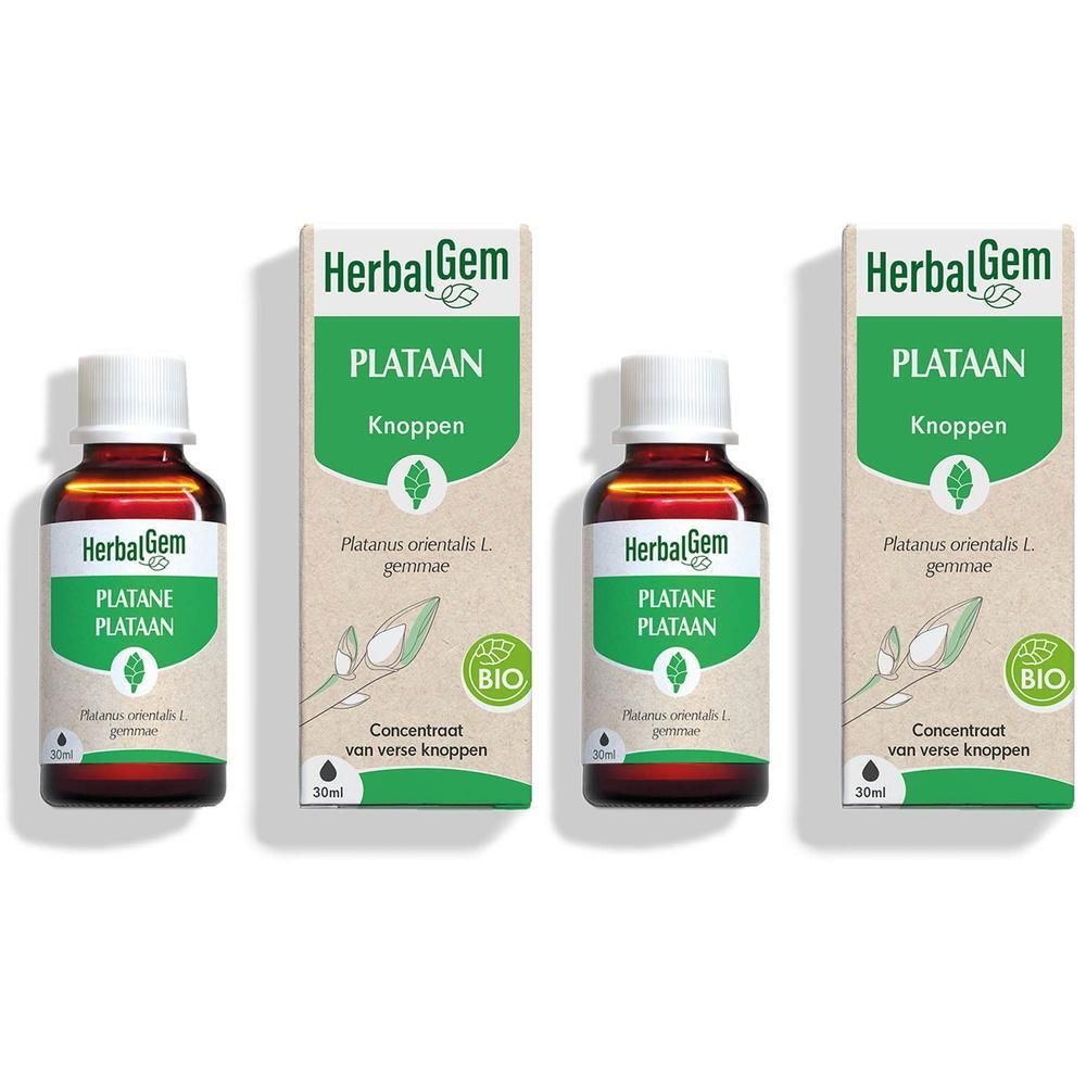 Twee flesjes en twee doosjes HerbalGem Plataan Knopenextract, 30ml.