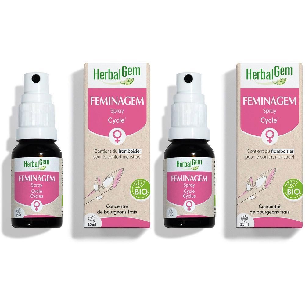 Deux flacons de spray HerbalGem Feminagem avec leurs boîtes.