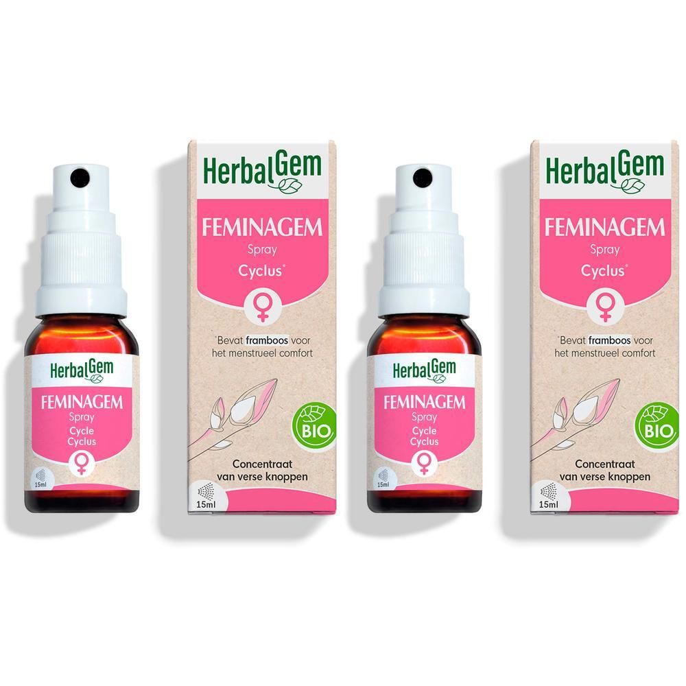 Twee flacons HerbalGem Feminagem Spray met hun doosjes.