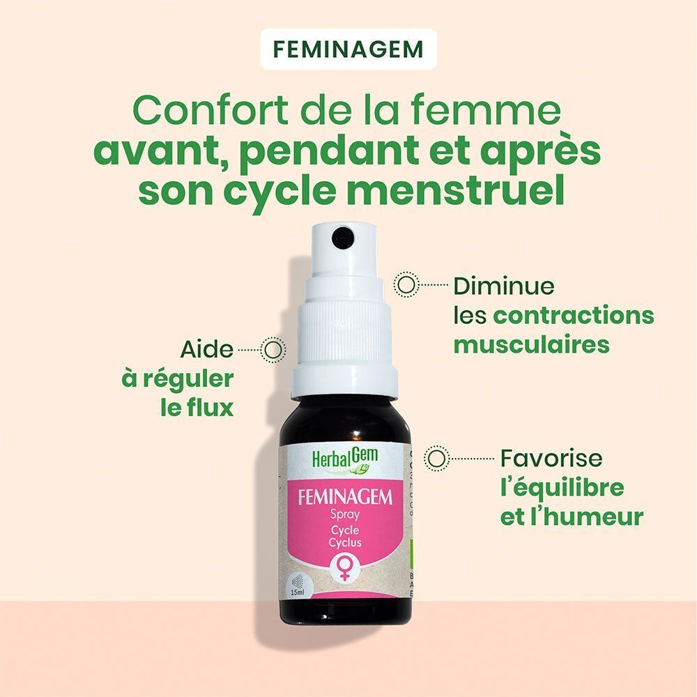 Flacon de spray HerbalGem Feminagem avec explications des bénéfices.