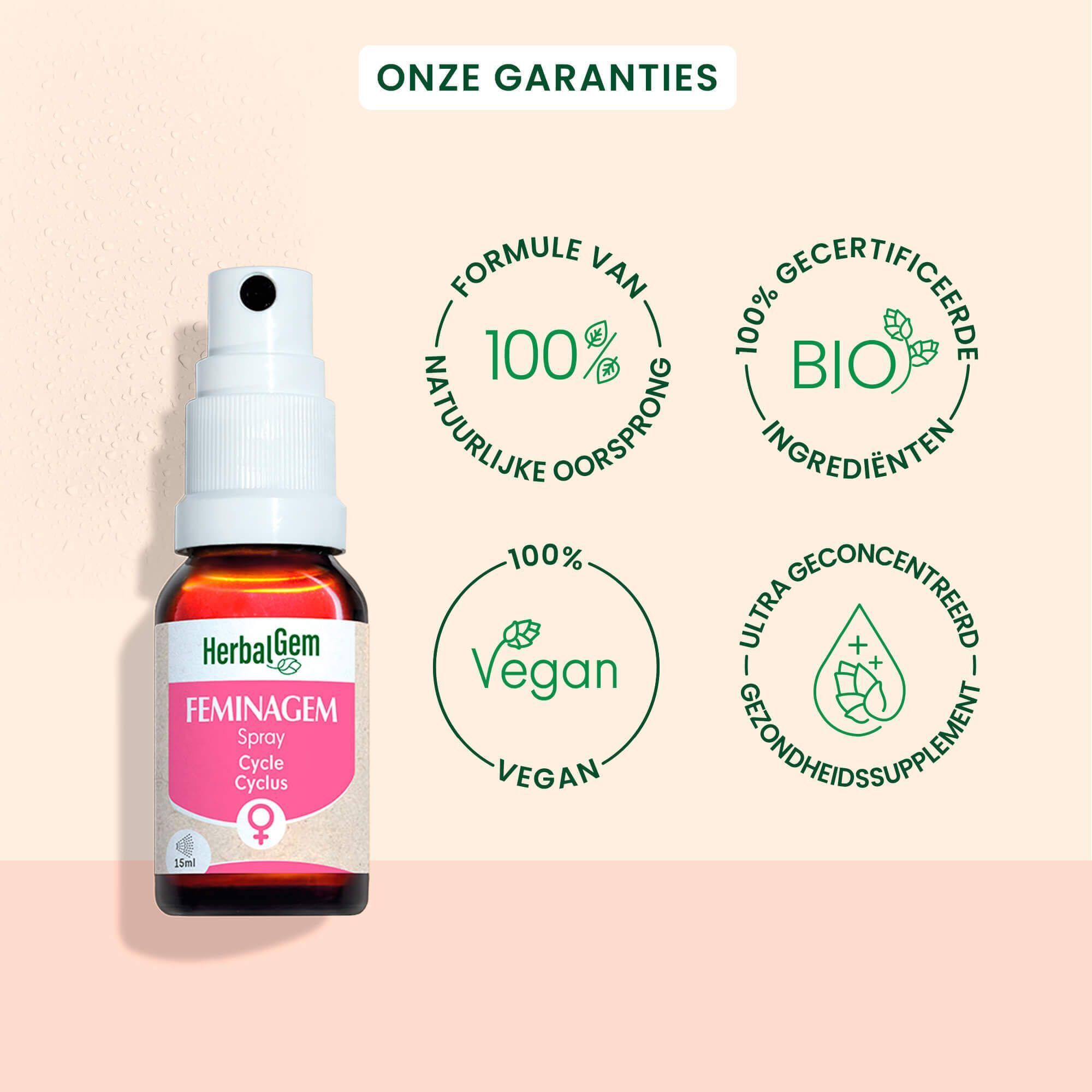 Flesje HerbalGem Feminagem Spray met Bio- en Vegan-certificeringen.