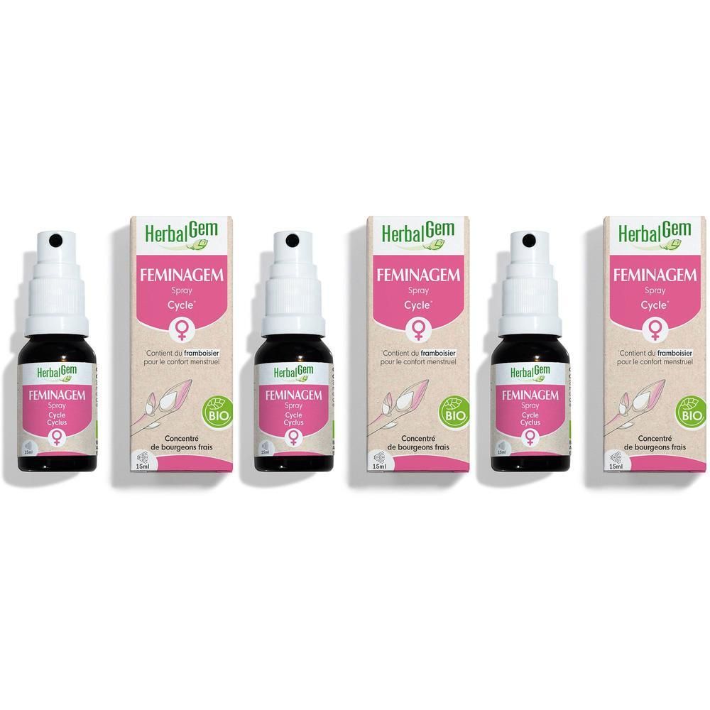 Cinq flacons de spray HerbalGem Feminagem Bio, 15ml.