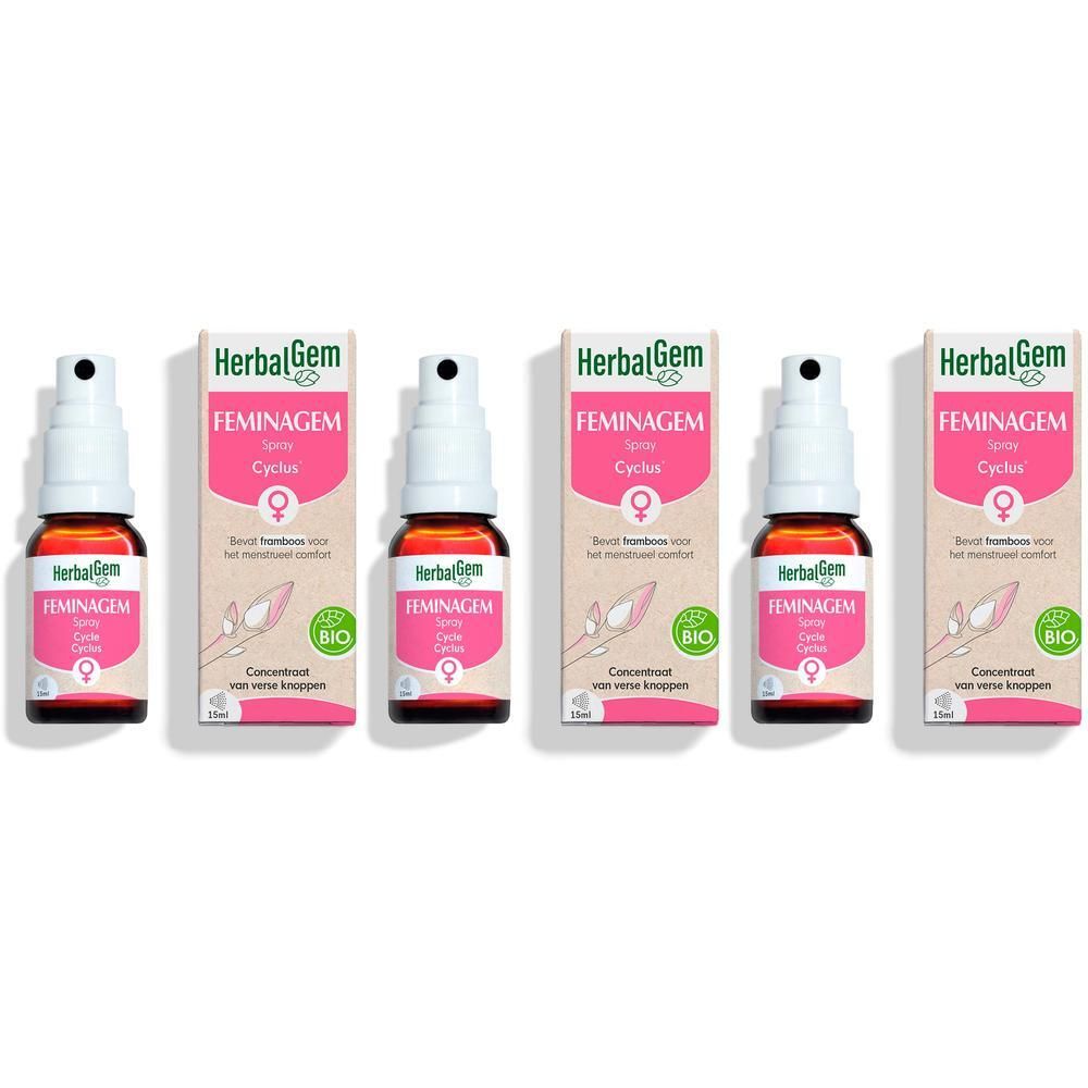 Vijf flacons HerbalGem Feminagem Bio Spray, 15ml.