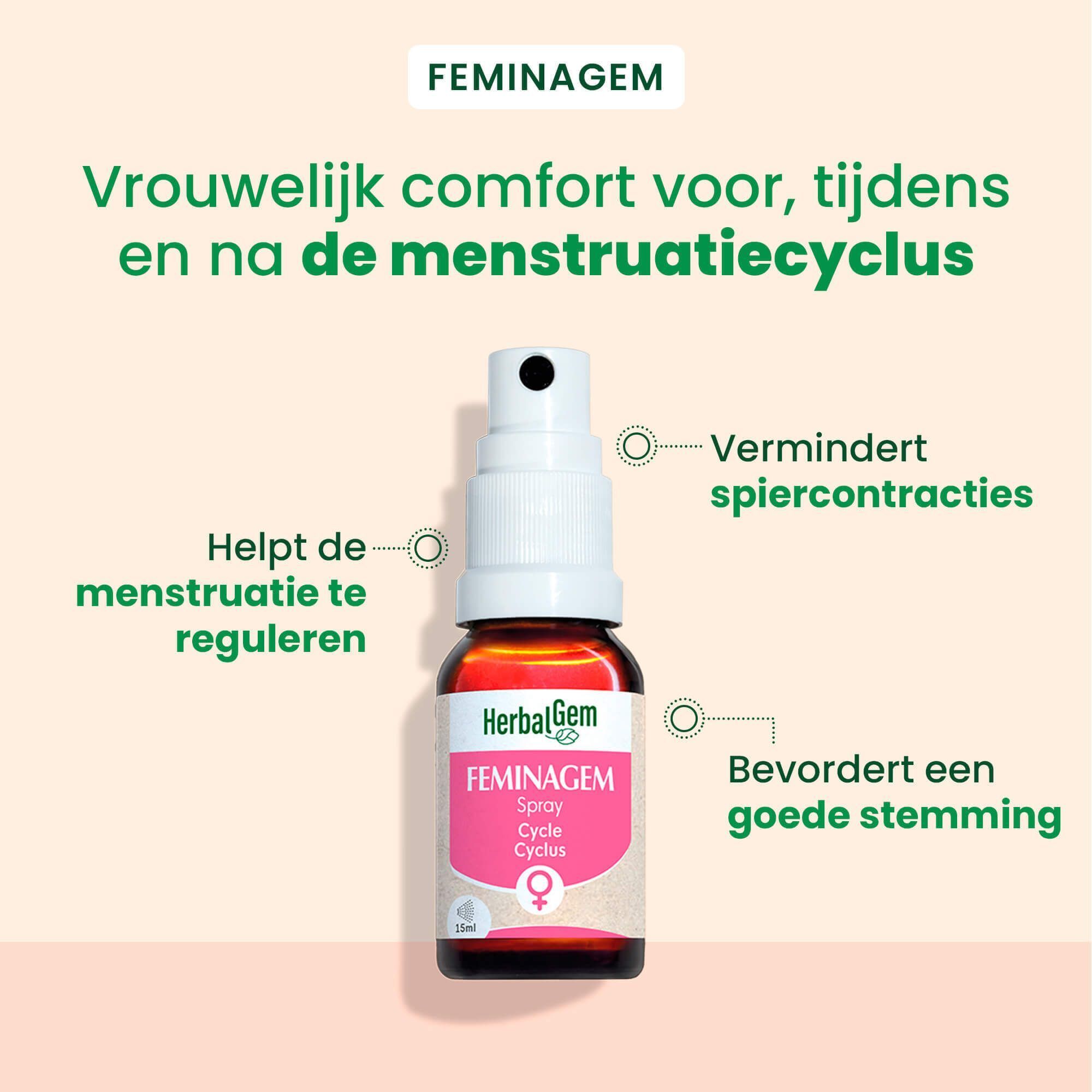HerbalGem Feminagem Bio sprayfles met uitleg van voordelen.
