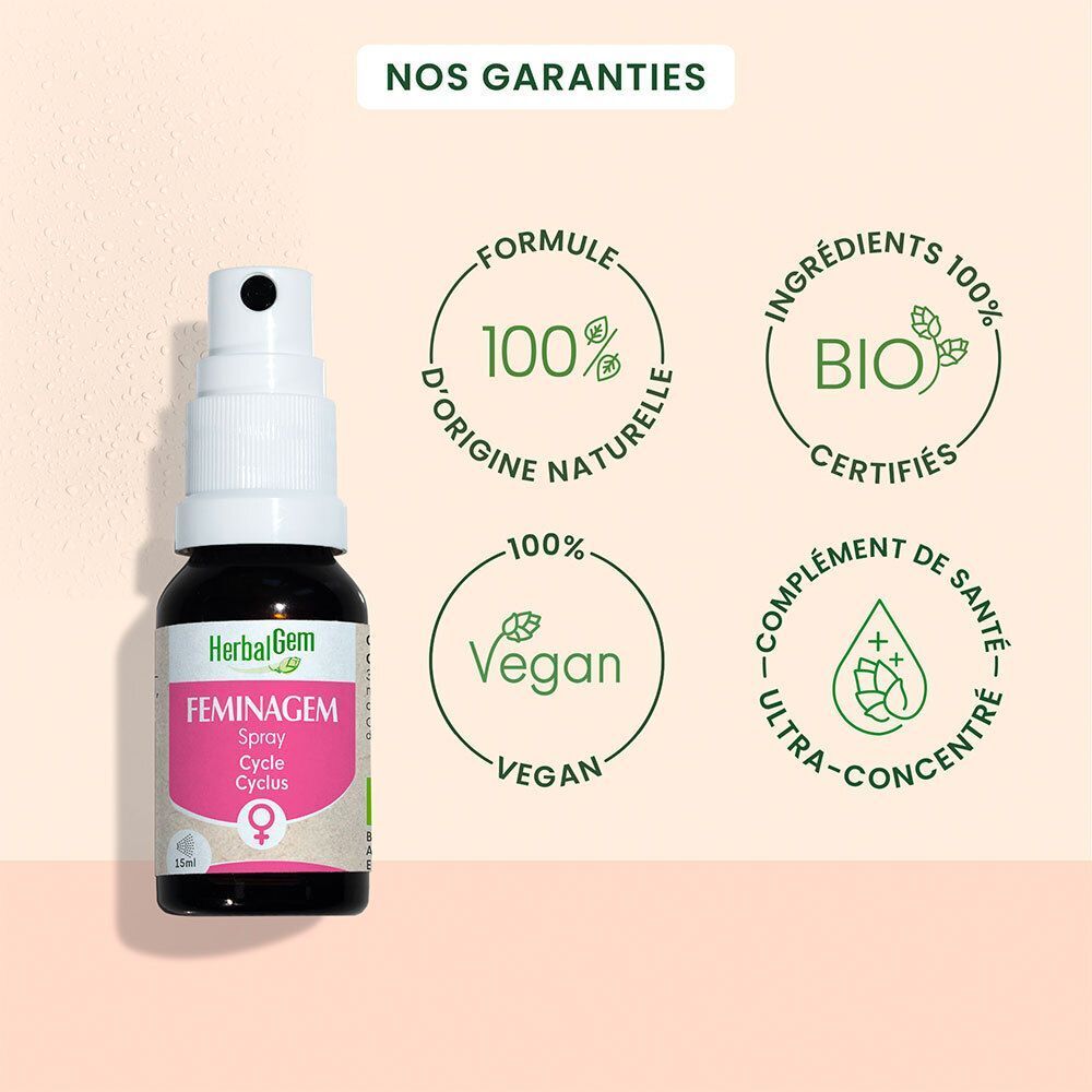 Flacon spray HerbalGem Feminagem Bio avec certifications qualité.