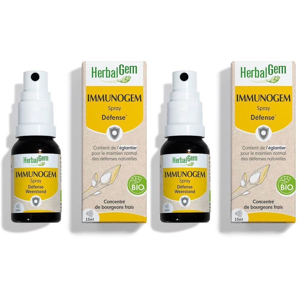 Twee flesjes en twee doosjes HerbalGem Immunogem Bio Spray Défense.