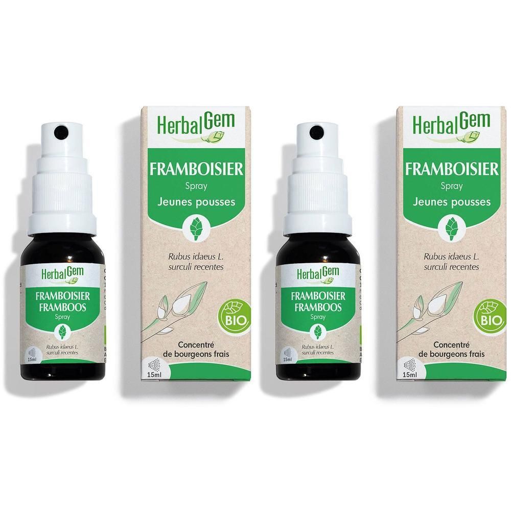 Deux flacons de spray Framboisier HerbalGem, 15ml chacun, avec vaporisateur.