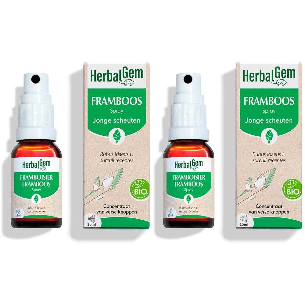Twee flessen HerbalGem Framboos spray, elk 15ml, met spuitkop.