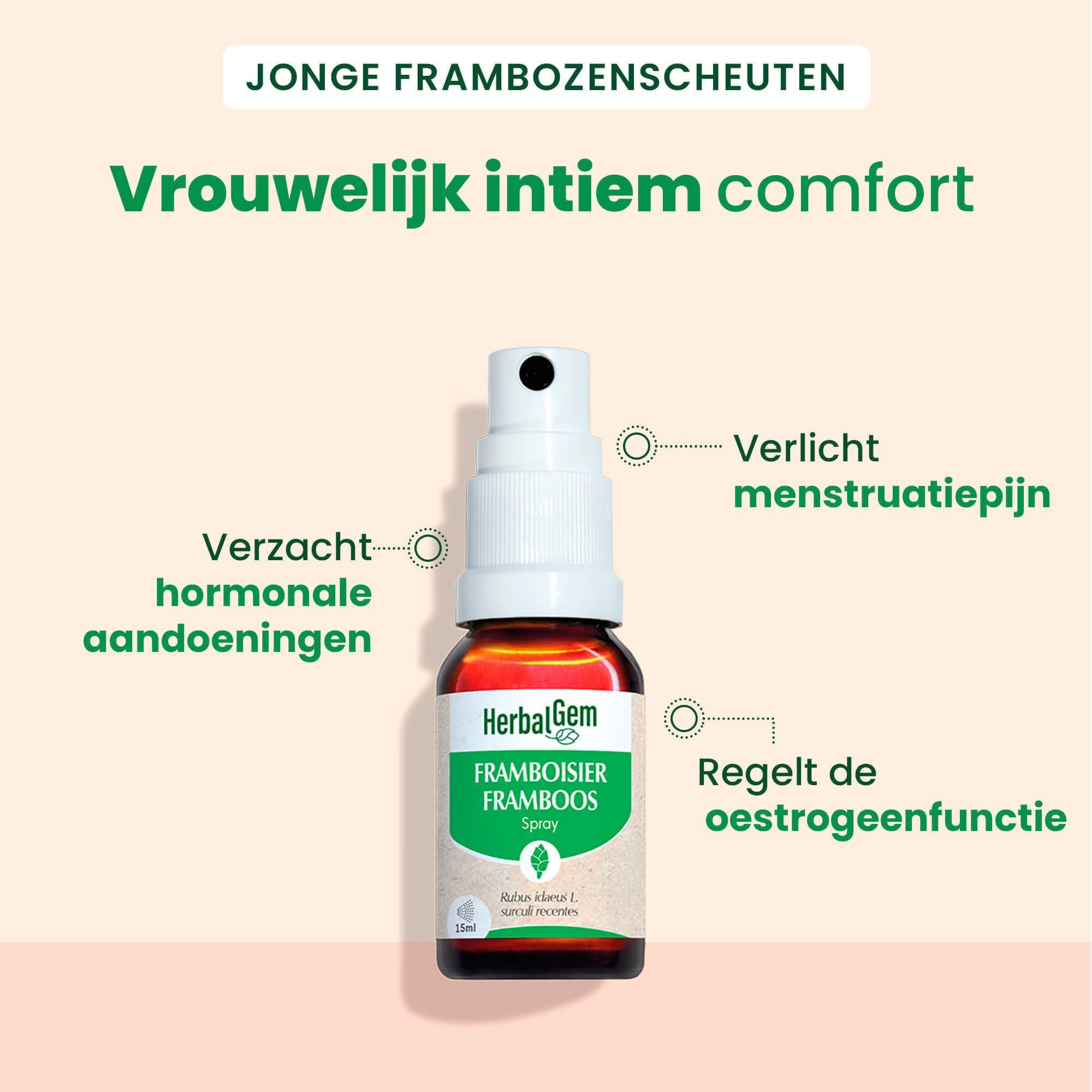 Een fles HerbalGem Framboos spray met spuitkop, omringd door iconen van voordelen.