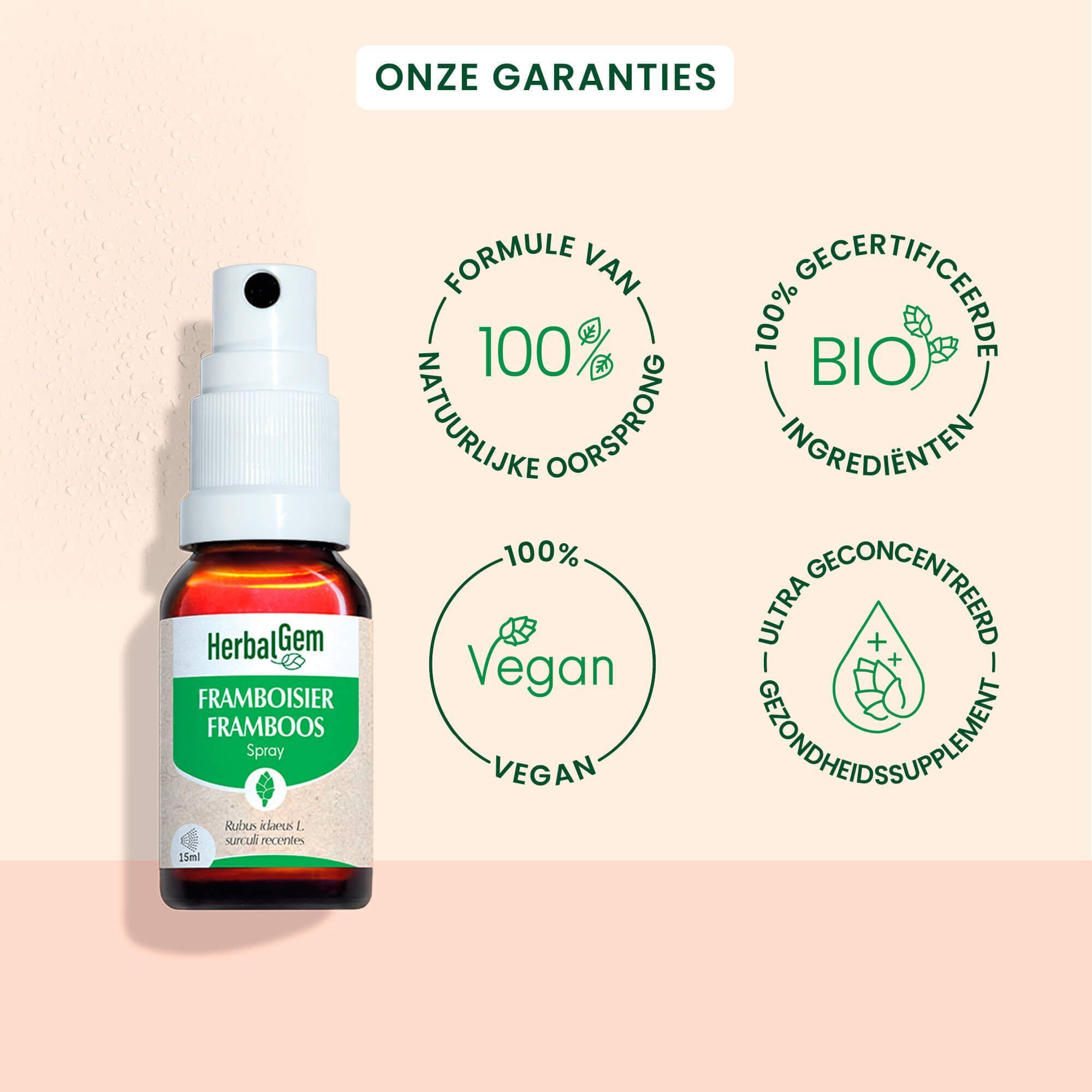 Een fles HerbalGem Framboos spray met spuitkop, naast Bio- en Vegan-zegels.