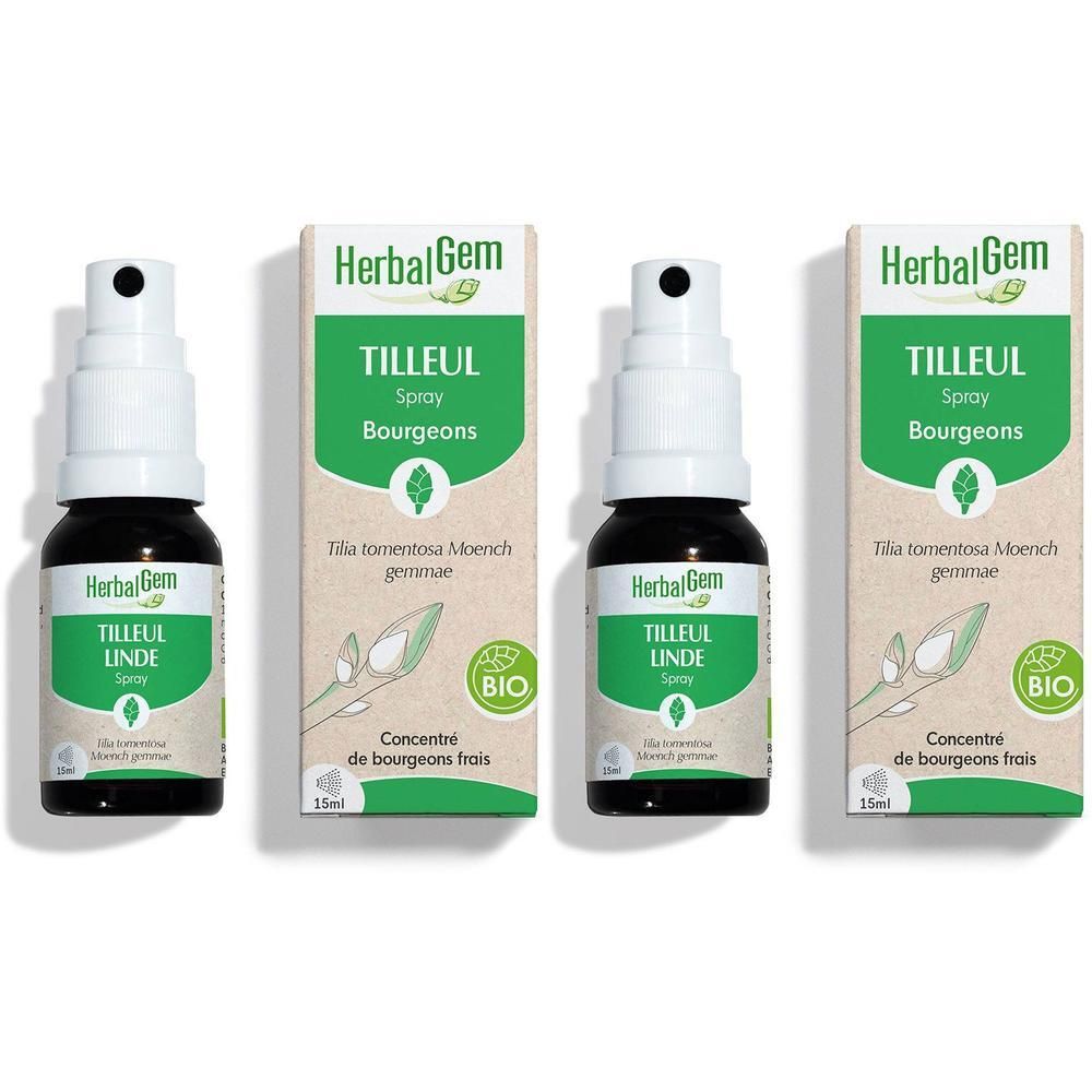 Deux flacons de spray HerbalGem Tilleul Bourgeons avec bouchon pipette.