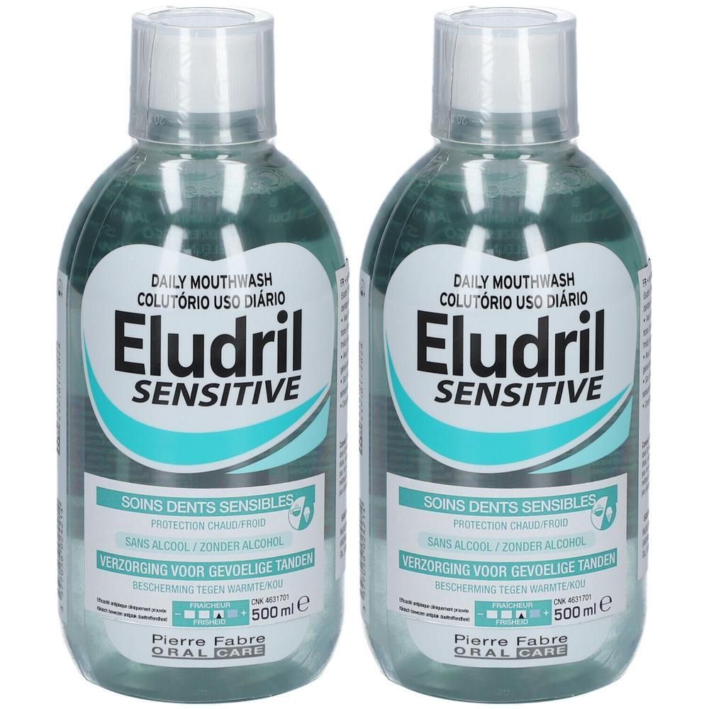 Deux flacons de bain de bouche Eludril Sensitive, 500ml.