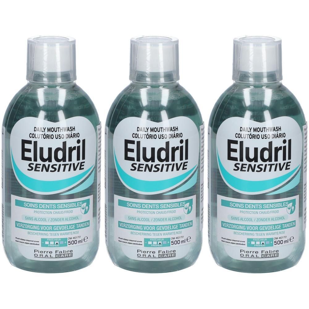 Trois flacons de bain de bouche Eludril Sensitive, 500ml.