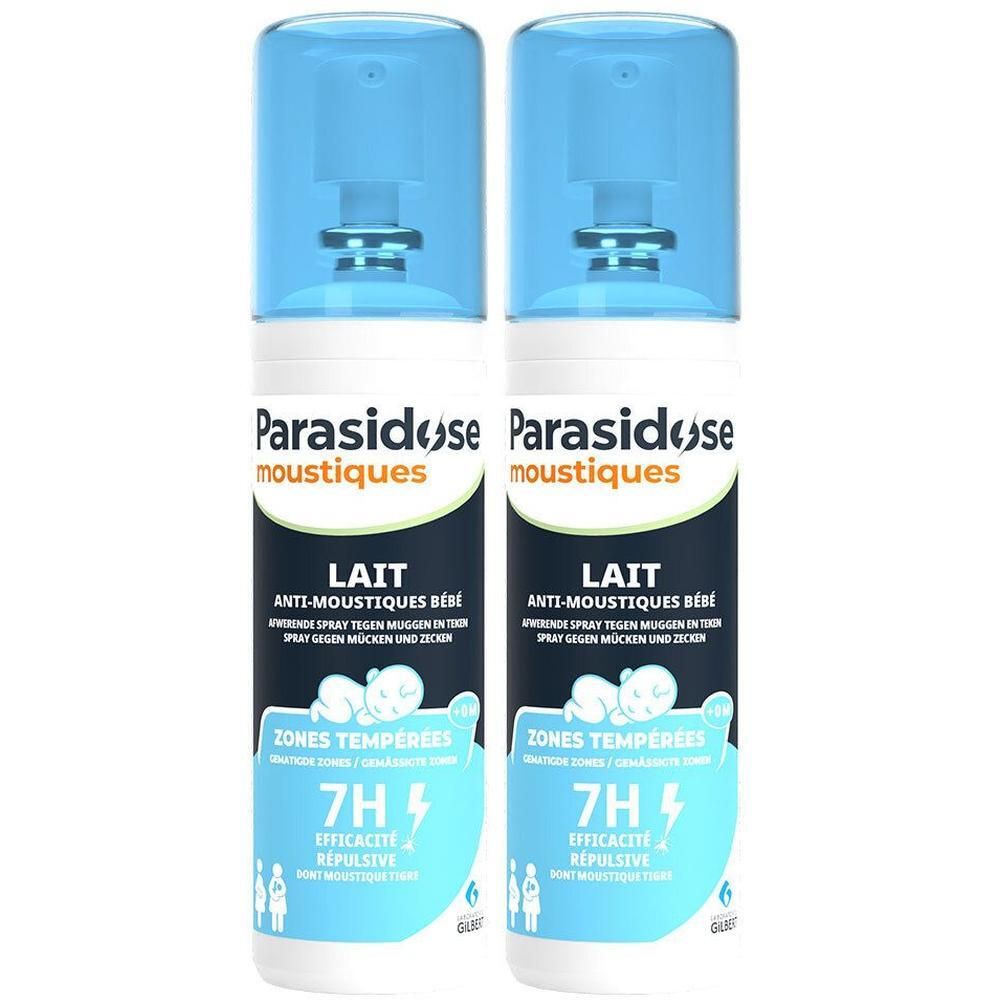 Deux flacons de lait anti-moustiques Parasidose pour bébés.
