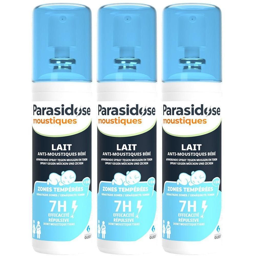 Drie flessen Parasidose anti-muggenmelk spray voor baby's, blauwe dop.