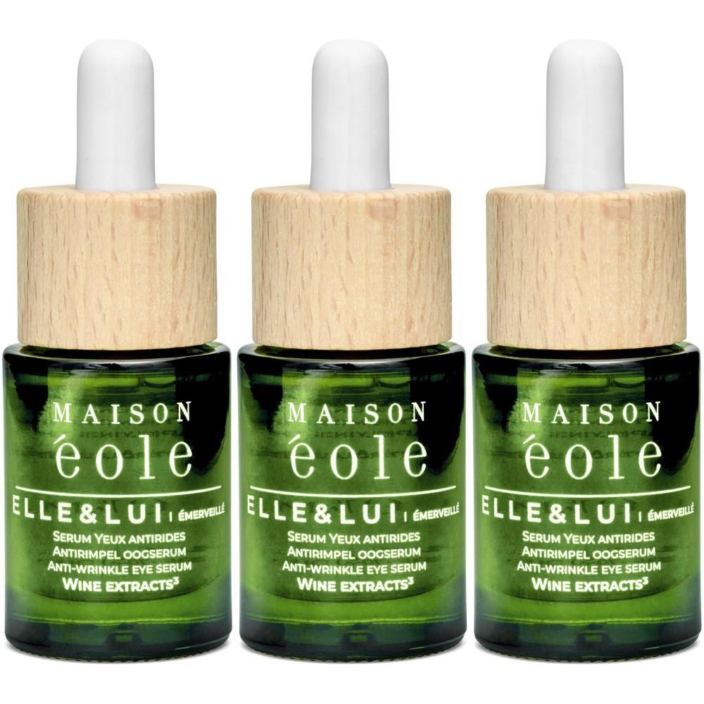 Drie groene glazen flesjes met druppelaar en houten dop. Anti-rimpel oogserum.
