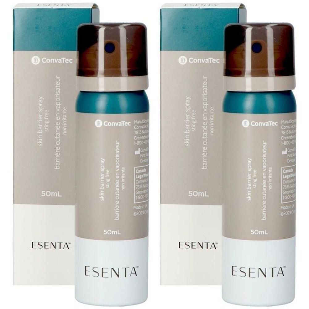 Twee ConvaTec Esenta huidbarrière sprayflessen (50ml) en hun verpakkingen.