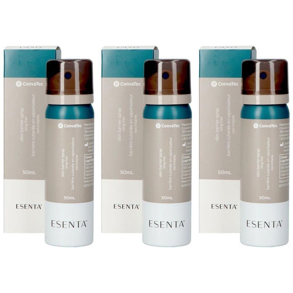 Drie ConvaTec Esenta huidbarrière sprayflessen met verpakking. Elke fles bevat 50ml.