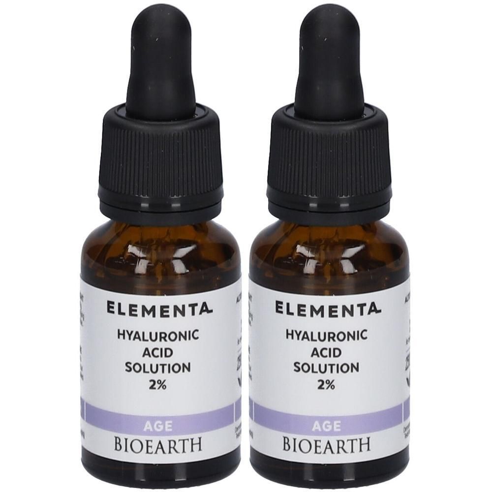 Deux flacons de Bioearth Elementa Solution Acide Hyaluronique 2% avec bouchon compte-gouttes.