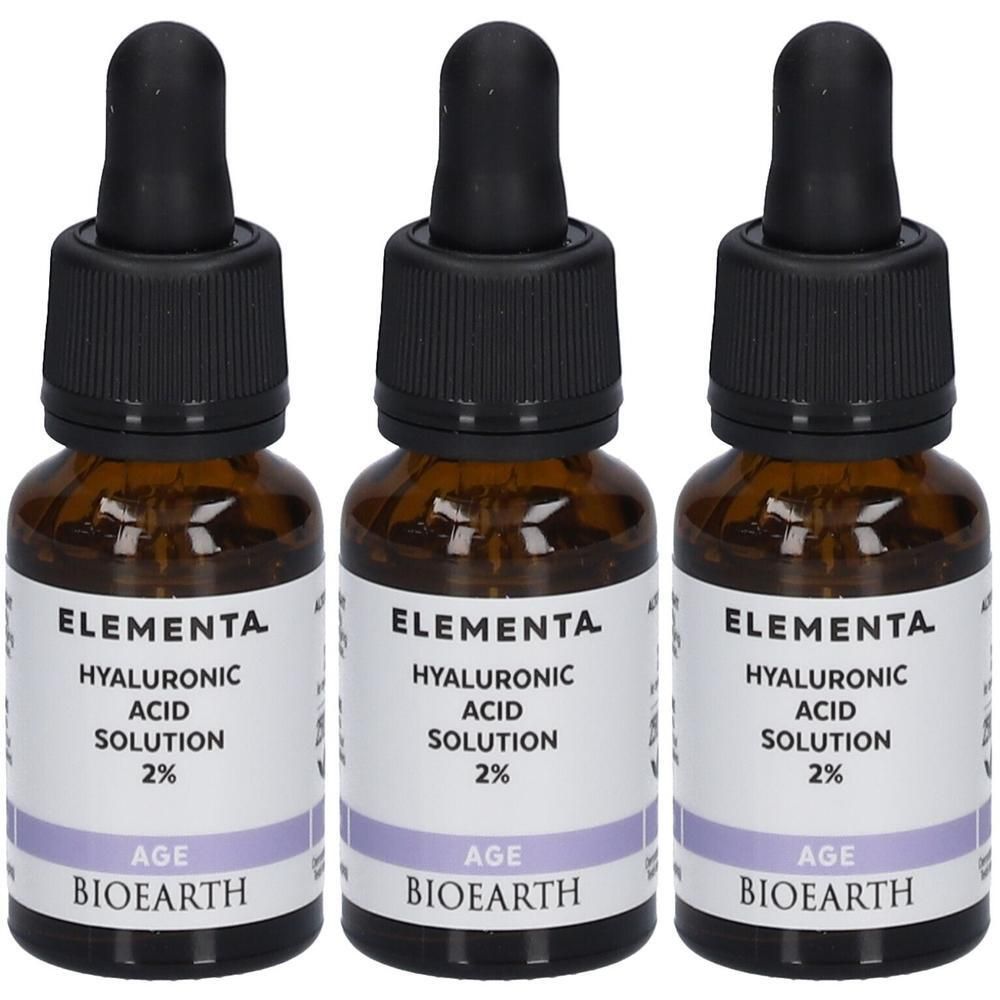 Drie flesjes met Hyaluronic Acid Solution 2% van Bioearth Elementa.